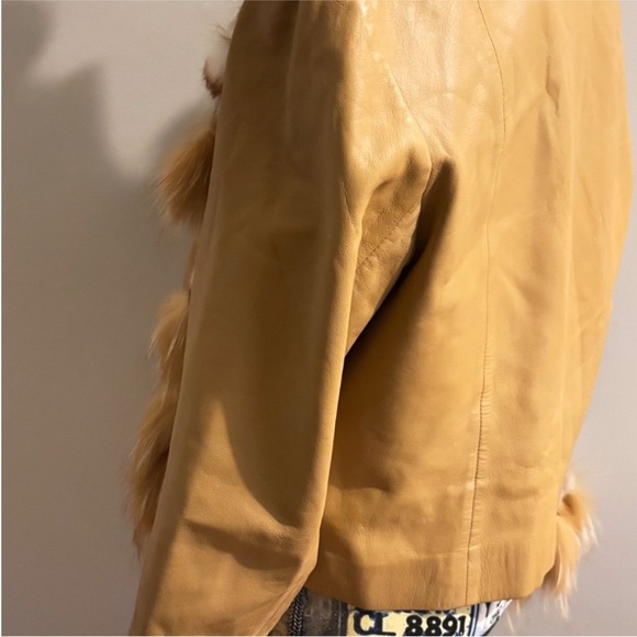 Cache Vintage Leather Jacket Rabbit Fur Trim Tan Cream Size Large - Picture 5 of 12